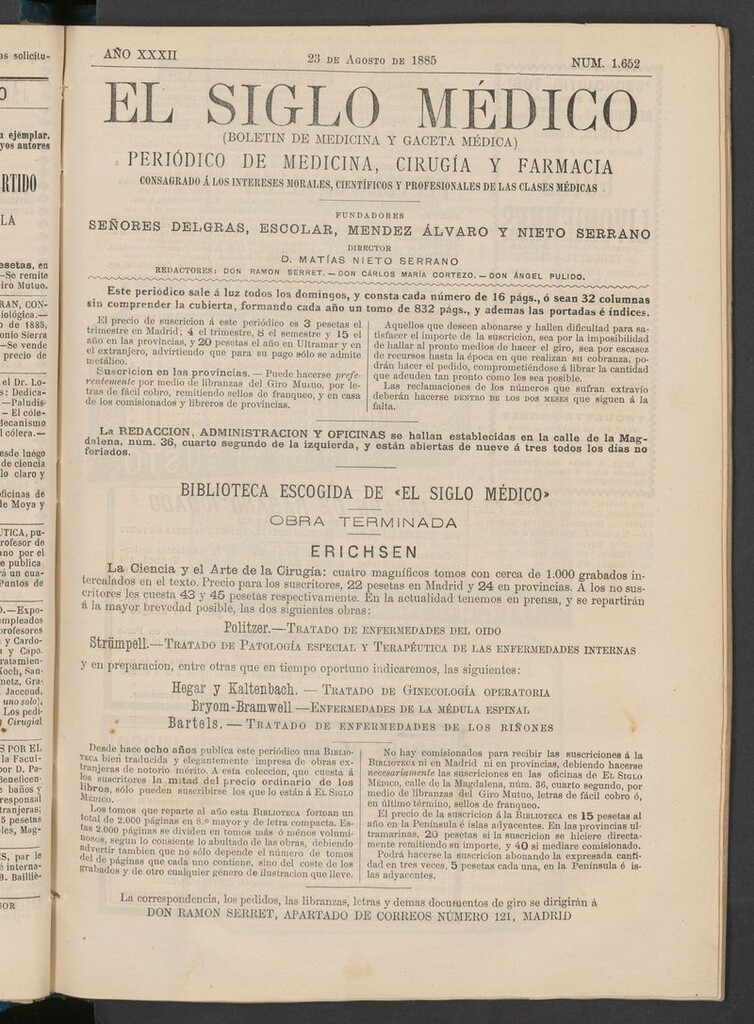 Miniatura de El Siglo Médico: boletín de medicina y gaceta médica del 23 de agosto de 1885