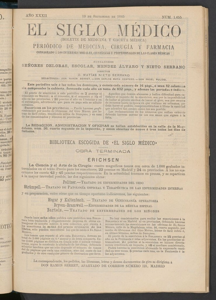 Miniatura de El Siglo Médico: boletín de medicina y gaceta médica del 13 de septiembre de 1885