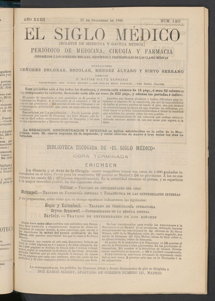 Miniatura de El Siglo Médico: boletín de medicina y gaceta médica del 27 de septiembre de 1885