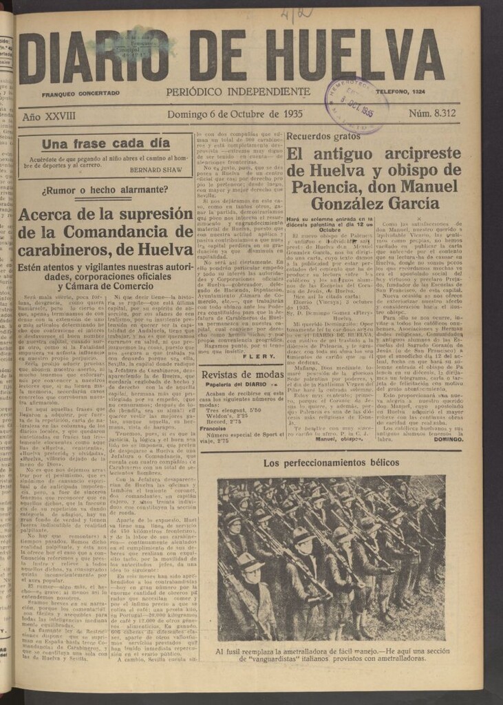 Miniatura de Diario de Huelva : periódico independiente del 6 de octubre de 1935