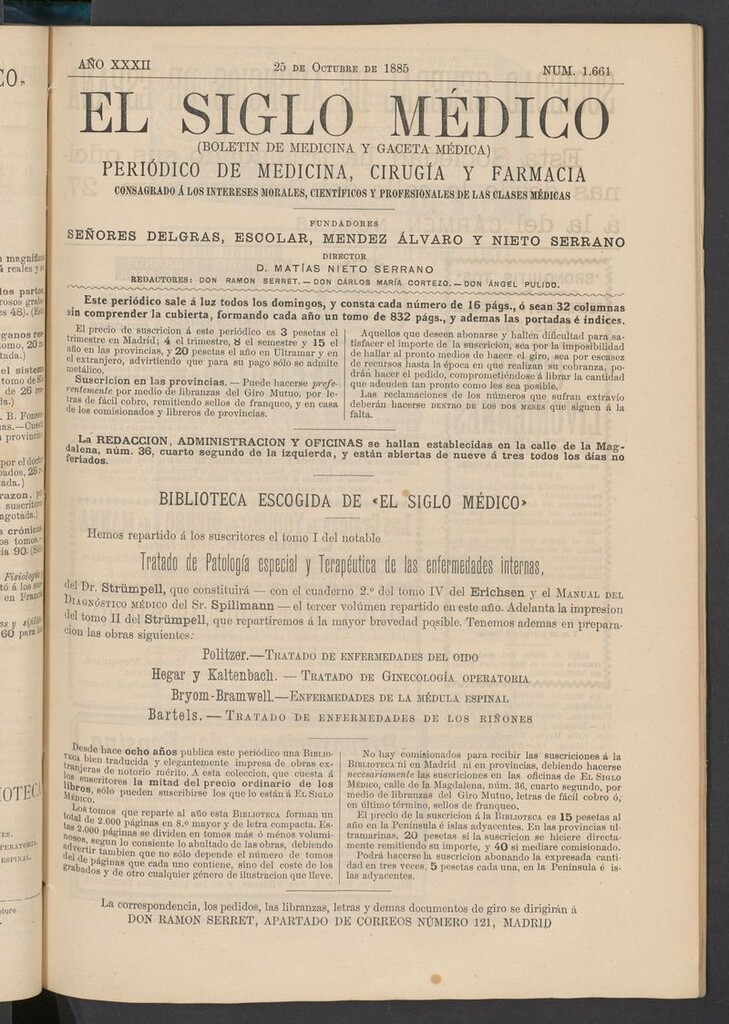 Miniatura de El Siglo Médico: boletín de medicina y gaceta médica del 25 de octubre de 1885