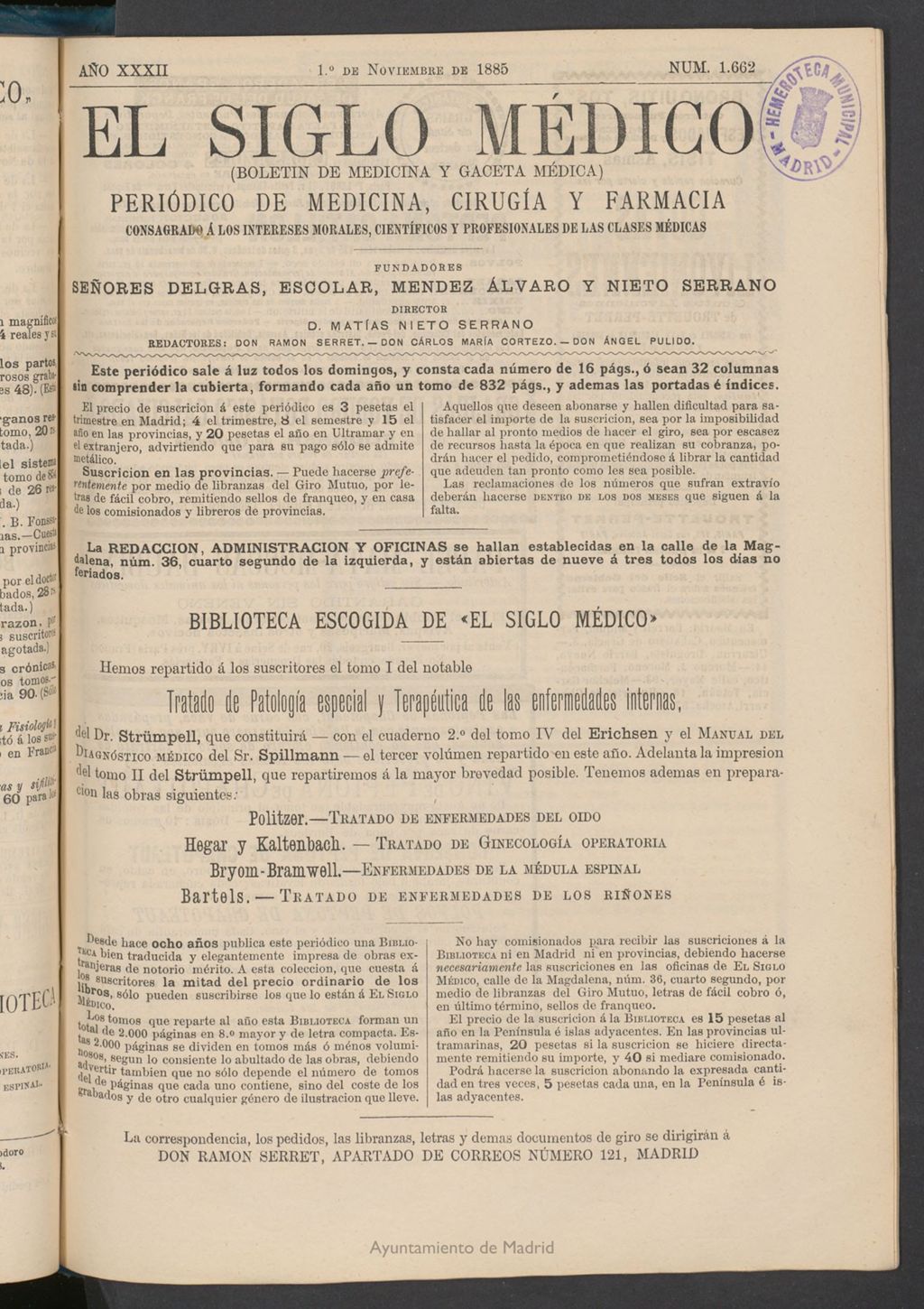 Miniatura de El Siglo Médico: boletín de medicina y gaceta médica del 1 de noviembre de 1885