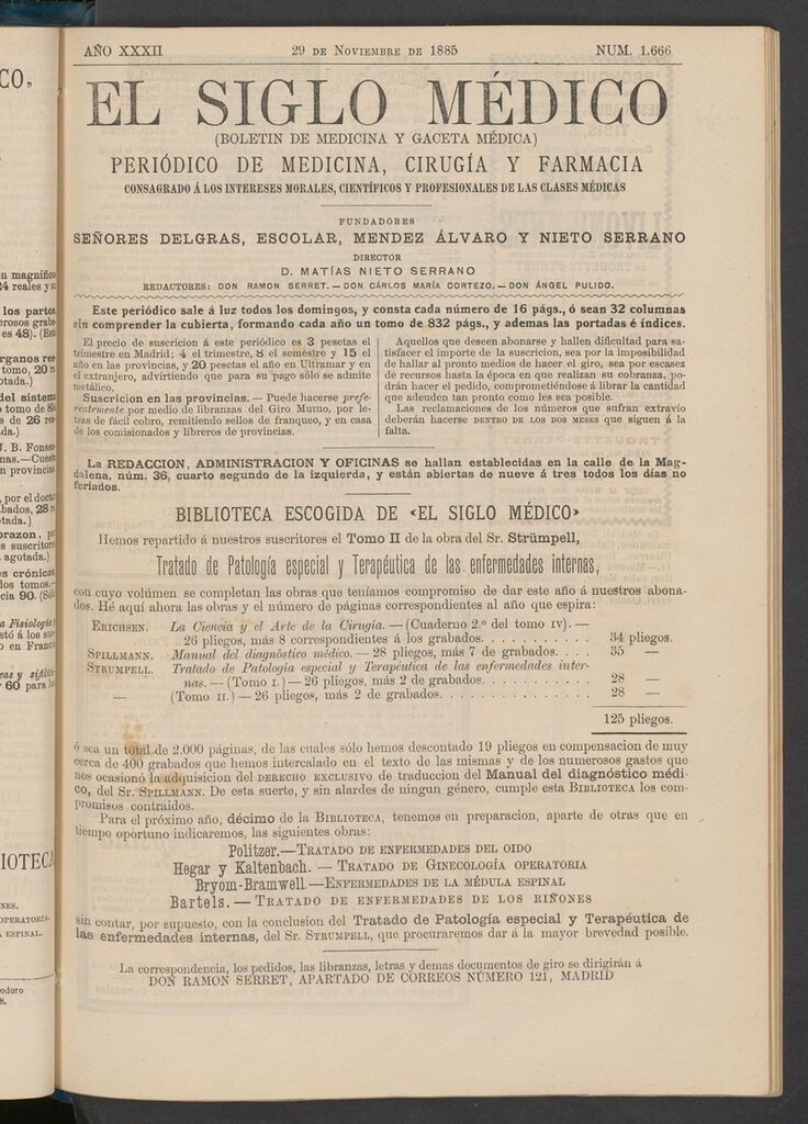 Miniatura de El Siglo Médico: boletín de medicina y gaceta médica del 29 de noviembre de 1885