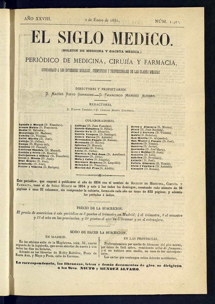 Miniatura de El Siglo Médico: boletín de medicina y gaceta médica del 2 de enero de 1881