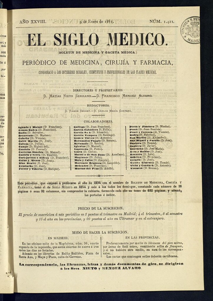 Miniatura de El Siglo Médico: boletín de medicina y gaceta médica del 9 de enero de 1881