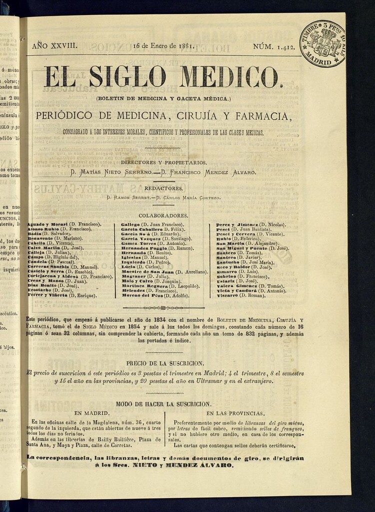Miniatura de El Siglo Médico: boletín de medicina y gaceta médica del 16 de enero de 1881