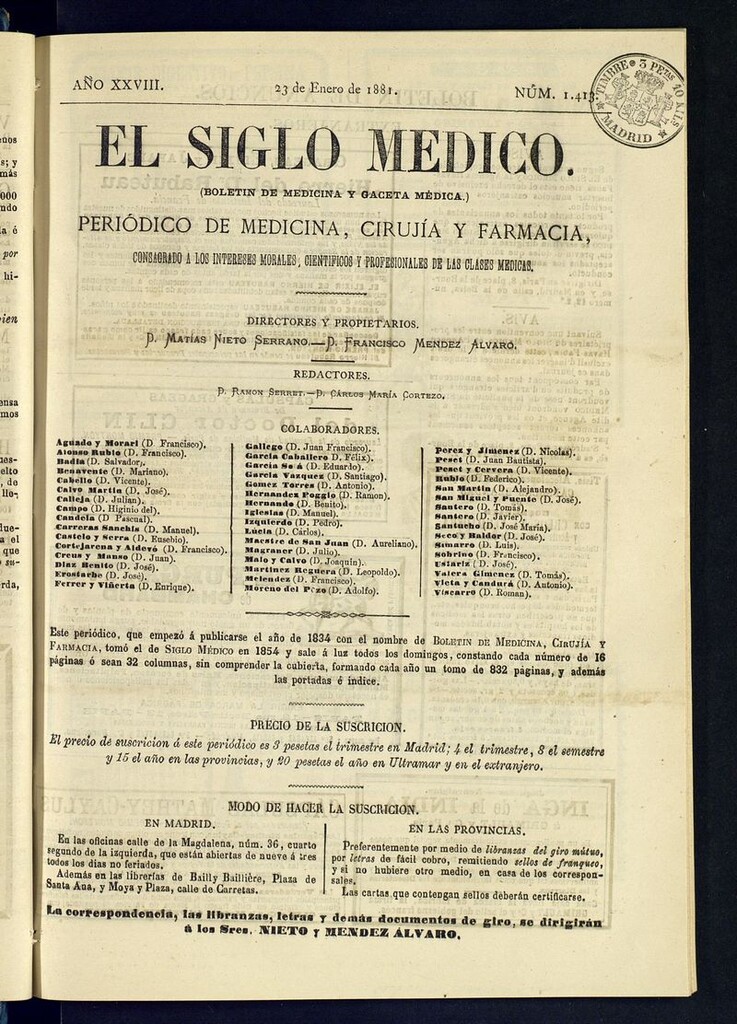 Miniatura de El Siglo Médico: boletín de medicina y gaceta médica del 23 de enero de 1881