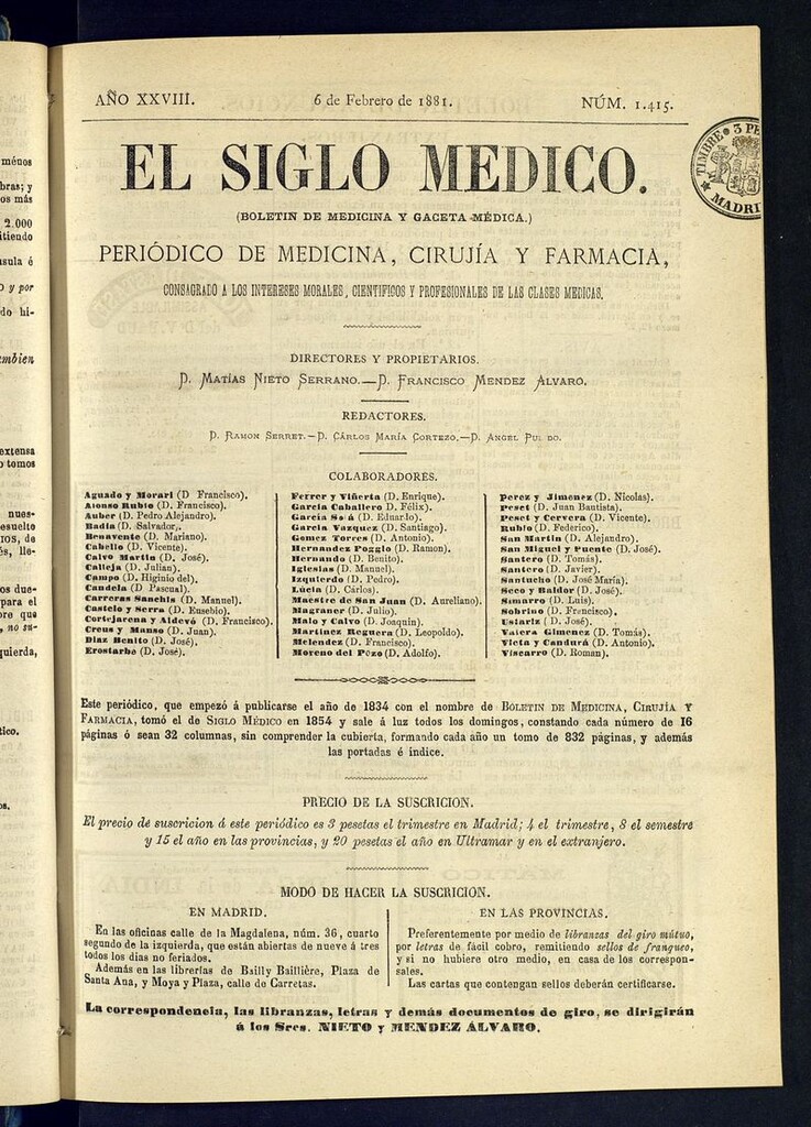 Miniatura de El Siglo Médico: boletín de medicina y gaceta médica del 6 de febrero de 1881