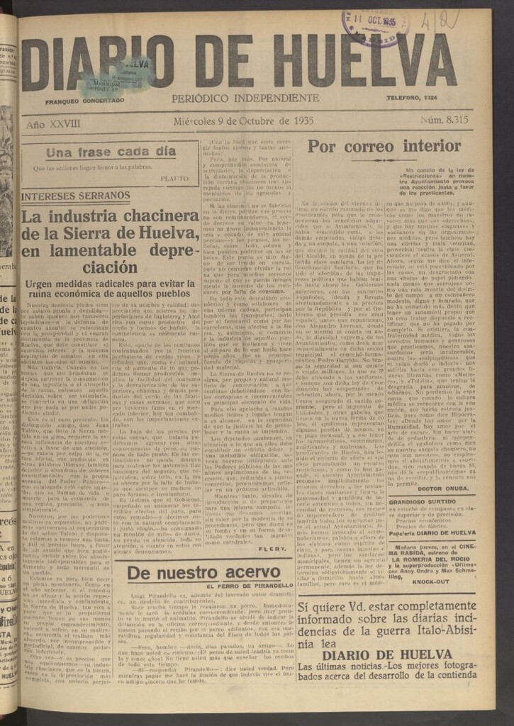 Miniatura de Diario de Huelva : periódico independiente del 9 de octubre de 1935