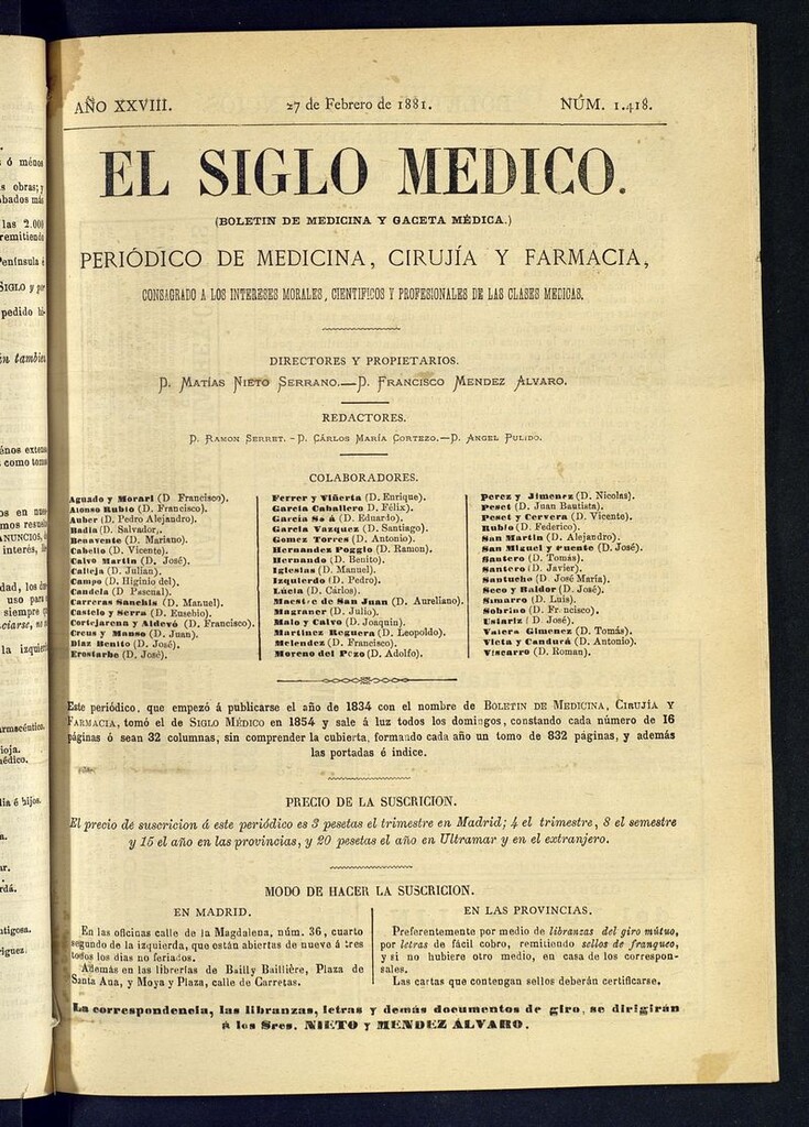 Miniatura de El Siglo Médico: boletín de medicina y gaceta médica del 27 de febrero de 1881