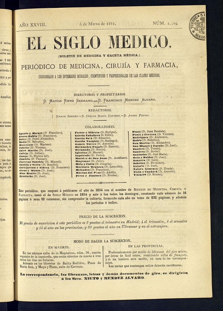 Miniatura de El Siglo Médico: boletín de medicina y gaceta médica del 6 de marzo de 1881