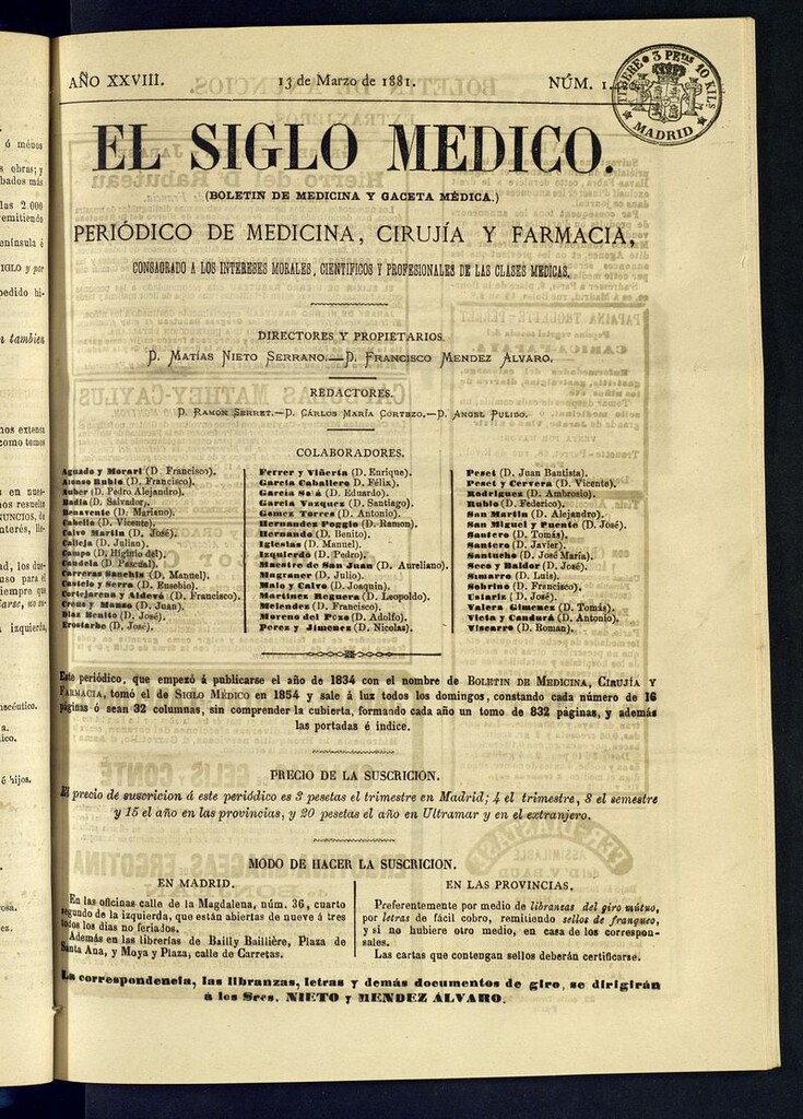 Miniatura de El Siglo Médico: boletín de medicina y gaceta médica del 13 de marzo de 1881