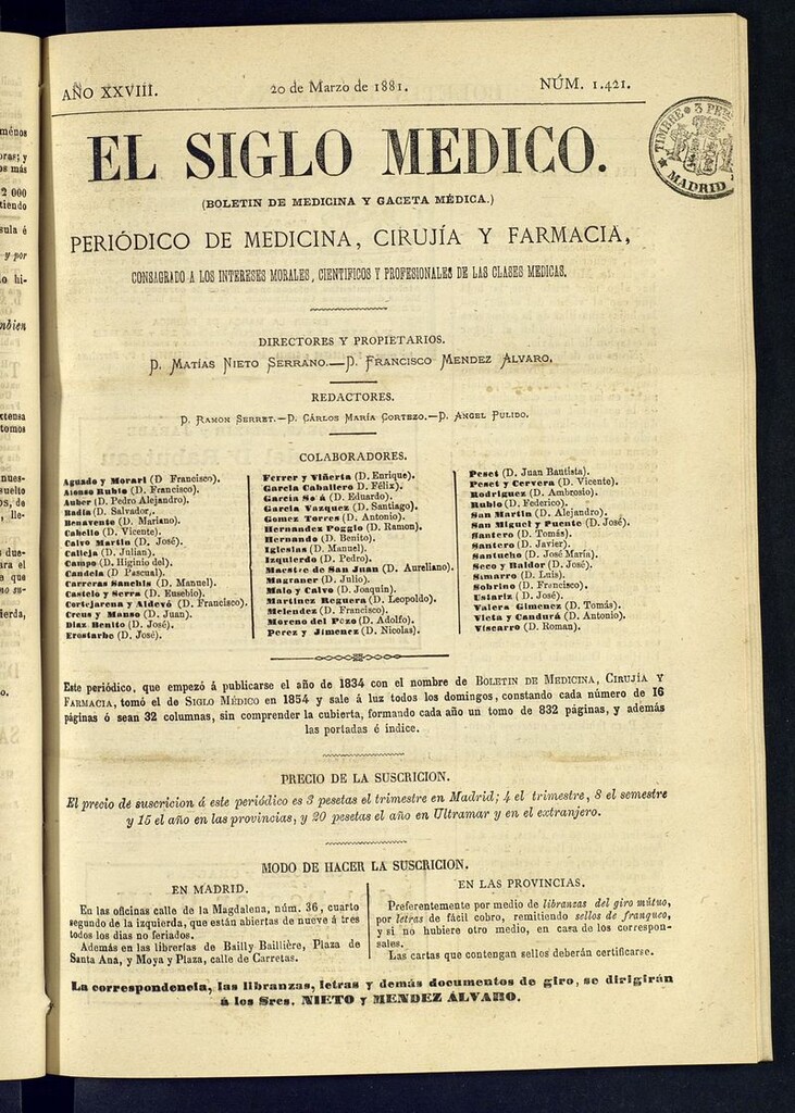 Miniatura de El Siglo Médico: boletín de medicina y gaceta médica del 20 de marzo de 1881