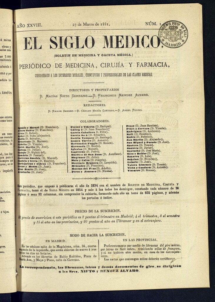 Miniatura de El Siglo Médico: boletín de medicina y gaceta médica del 27 de marzo de 1881