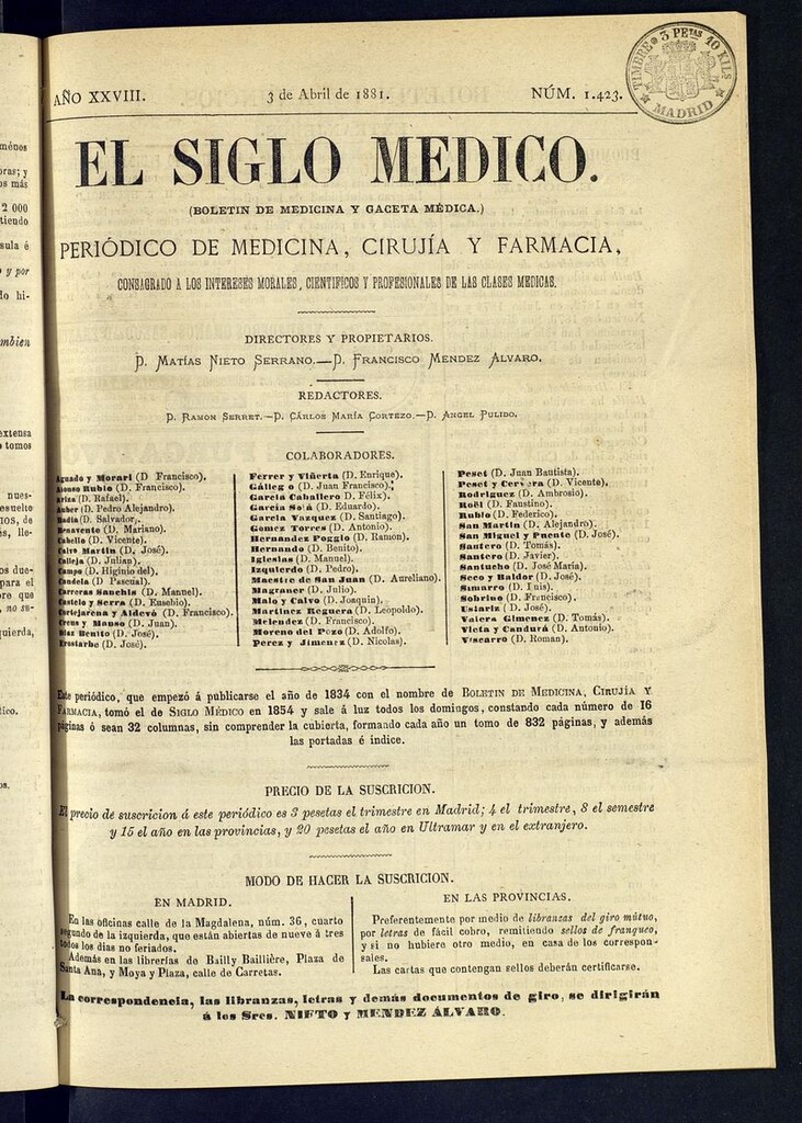 Miniatura de El Siglo Médico: boletín de medicina y gaceta médica del 3 de abril de 1881
