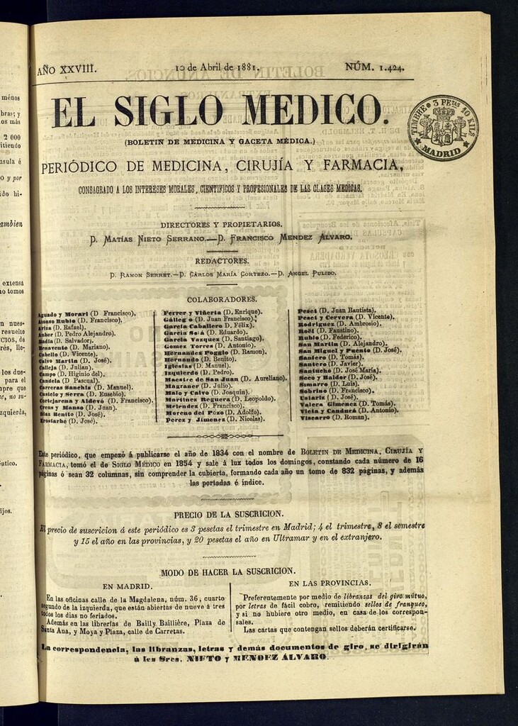 Miniatura de El Siglo Médico: boletín de medicina y gaceta médica del 10 de abril de 1881