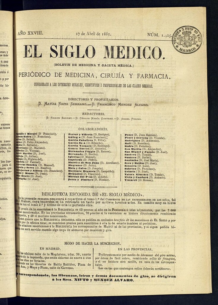 Miniatura de El Siglo Médico: boletín de medicina y gaceta médica del 17 de abril de 1881