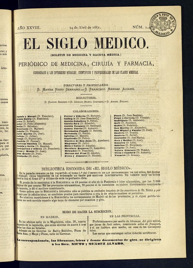 Miniatura de El Siglo Médico: boletín de medicina y gaceta médica del 24 de abril de 1881