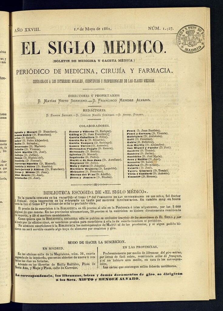 Miniatura de El Siglo Médico: boletín de medicina y gaceta médica del 1 de mayo de 1881