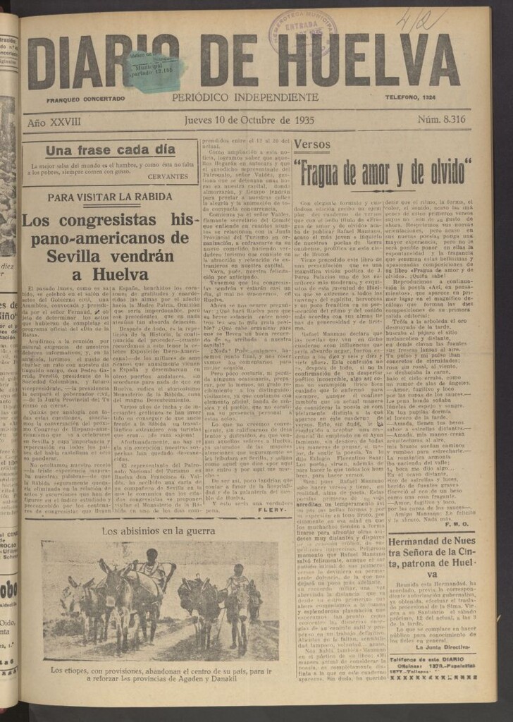 Miniatura de Diario de Huelva : periódico independiente del 10 de octubre de 1935