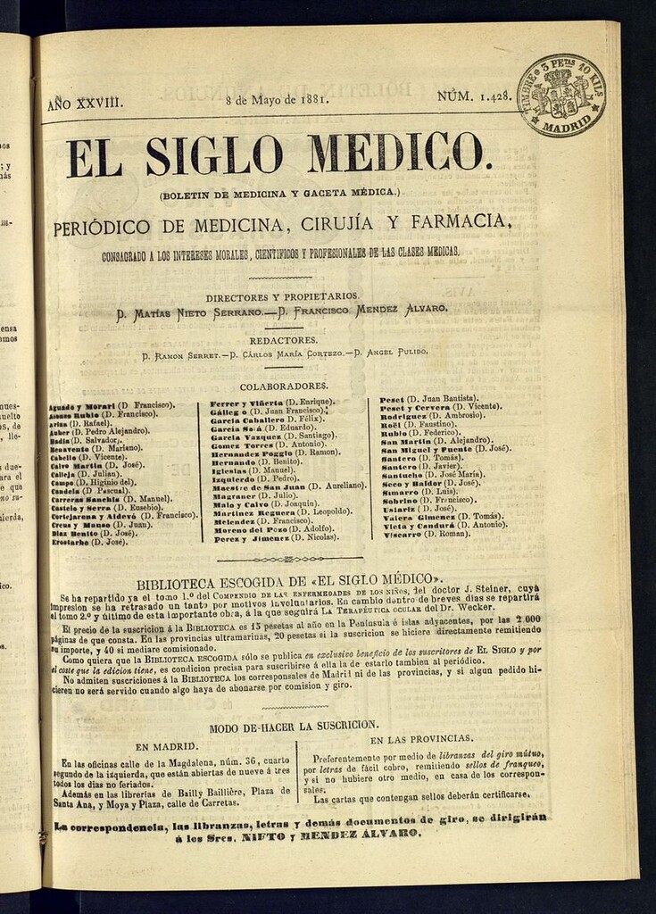 Miniatura de El Siglo Médico: boletín de medicina y gaceta médica del 8 de mayo de 1881