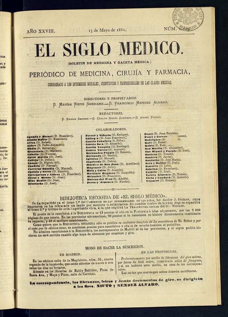 Miniatura de El Siglo Médico: boletín de medicina y gaceta médica del 15 de mayo de 1881