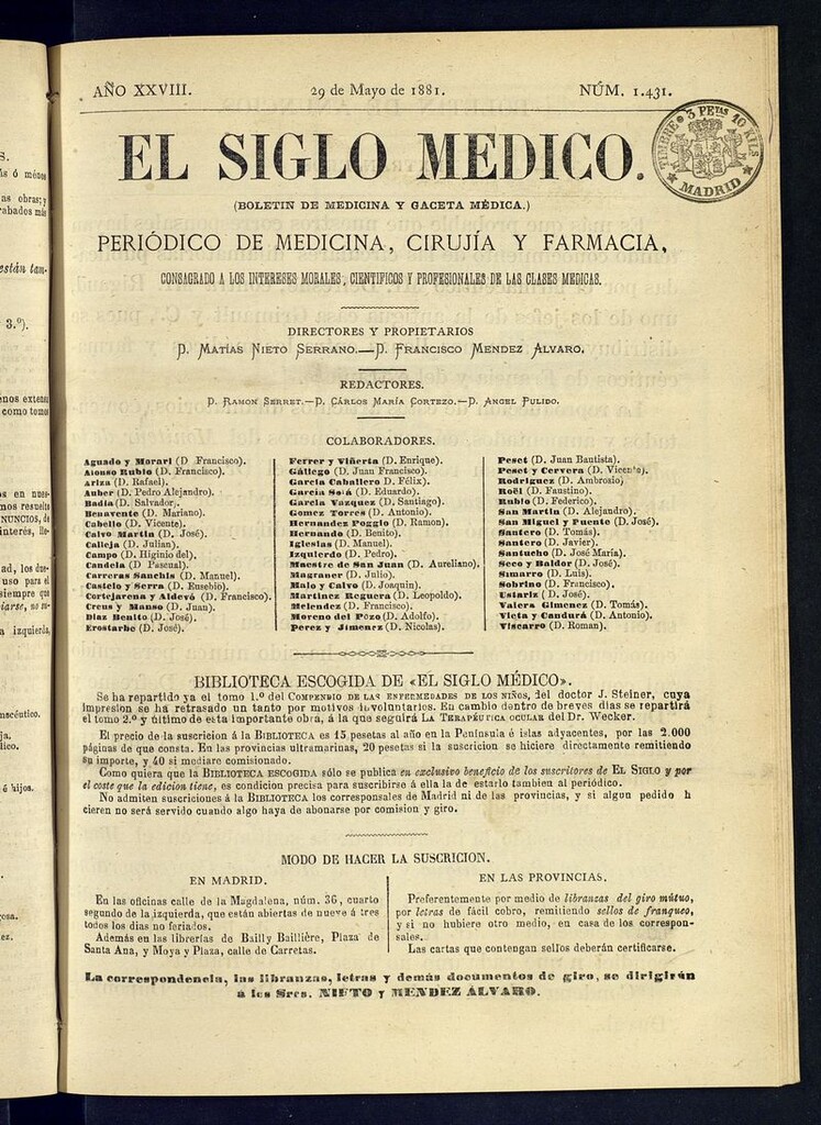 Miniatura de El Siglo Médico: boletín de medicina y gaceta médica del 29 de mayo de 1881