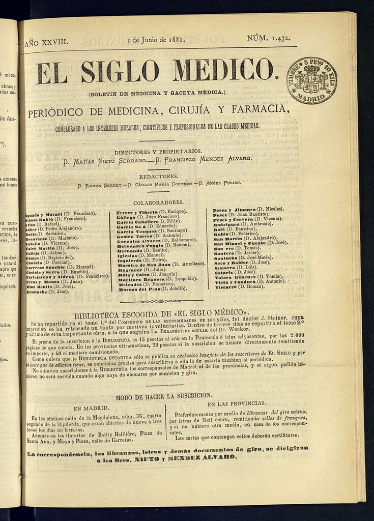 Miniatura de El Siglo Médico: boletín de medicina y gaceta médica del 5 de junio de 1881