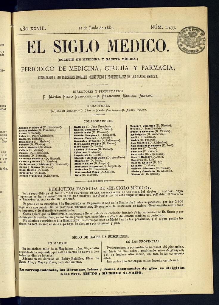 Miniatura de El Siglo Médico: boletín de medicina y gaceta médica del 12 de junio de 1881
