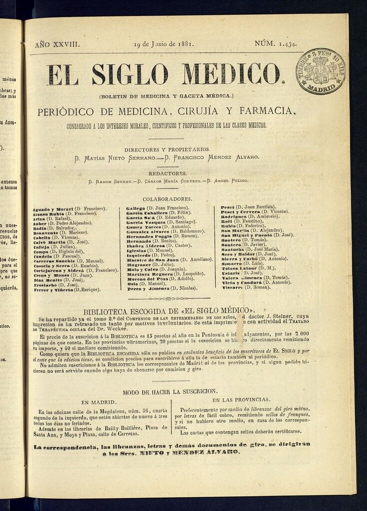 Miniatura de El Siglo Médico: boletín de medicina y gaceta médica del 19 de junio de 1881