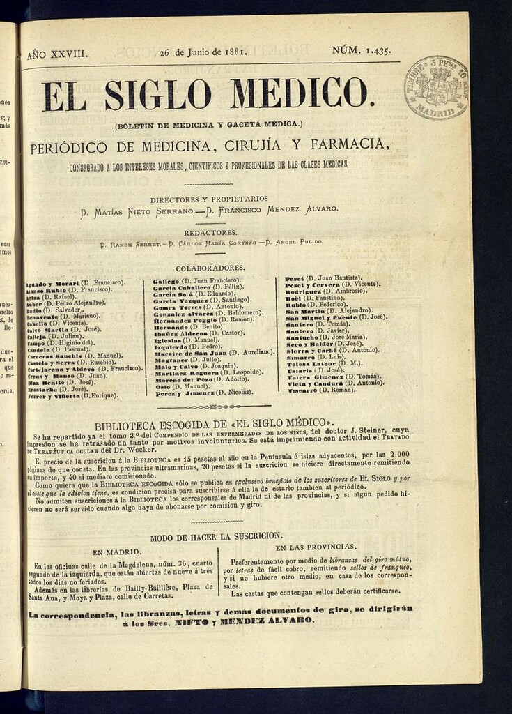 Miniatura de El Siglo Médico: boletín de medicina y gaceta médica del 26 de junio de 1881