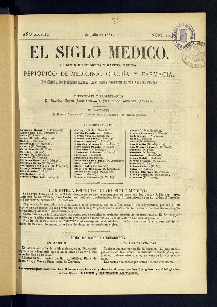 Miniatura de El Siglo Médico: boletín de medicina y gaceta médica  del 3 de julio de 1881