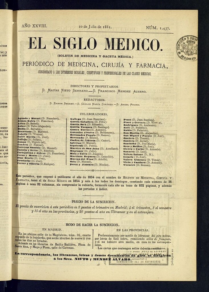 Miniatura de El Siglo Médico: boletín de medicina y gaceta médica  del 10 de julio de 1881
