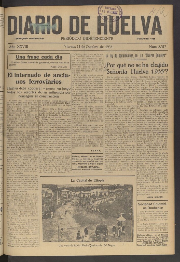 Miniatura de Diario de Huelva : periódico independiente del 11 de octubre de 1935