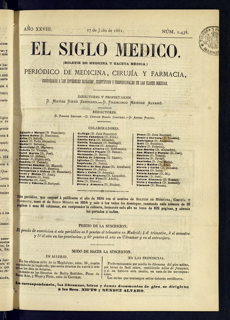 Miniatura de El Siglo Médico: boletín de medicina y gaceta médica  del 17 de julio de 1881