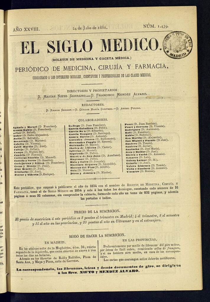 Miniatura de El Siglo Médico: boletín de medicina y gaceta médica  del 24 de julio de 1881