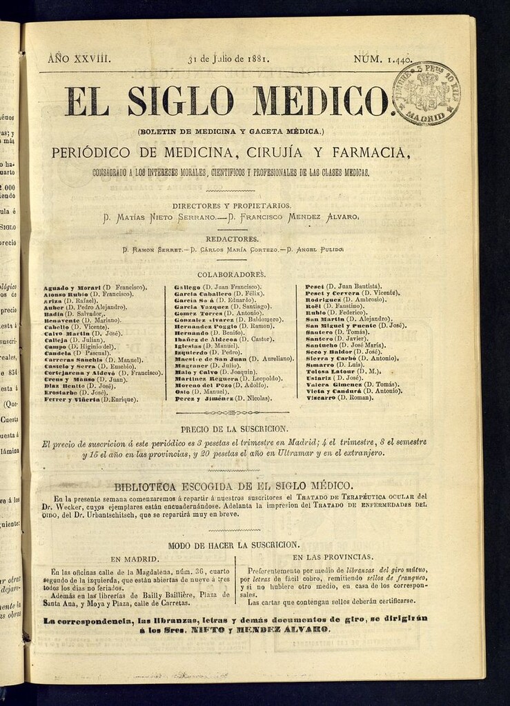 Miniatura de El Siglo Médico: boletín de medicina y gaceta médica  del 31 de julio de 1881