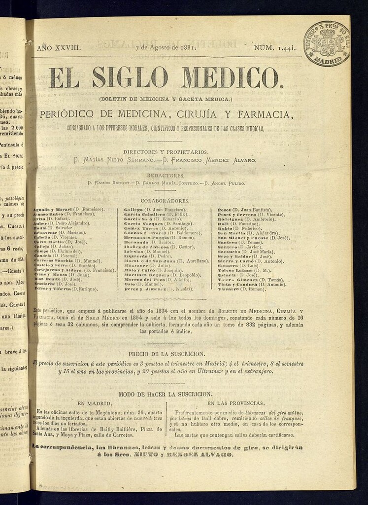 Miniatura de El Siglo Médico: boletín de medicina y gaceta médica  del 7 de agosto de 1881
