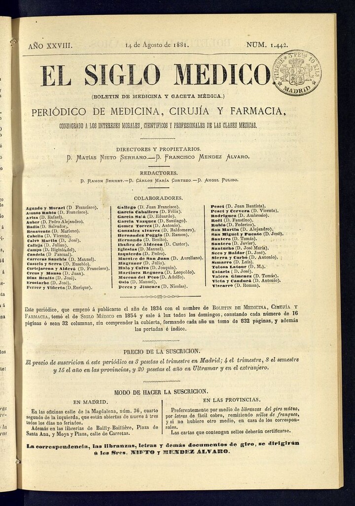 Miniatura de El Siglo Médico: boletín de medicina y gaceta médica  del 14 de agosto de 1881