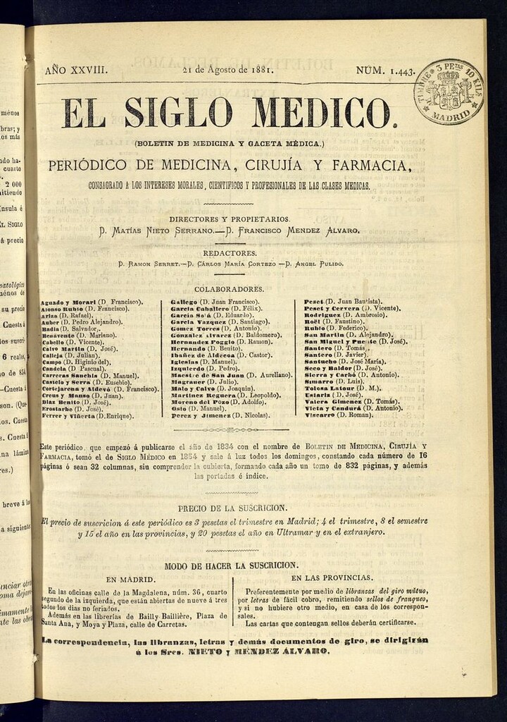 Miniatura de El Siglo Médico: boletín de medicina y gaceta médica  del 21 de agosto de 1881