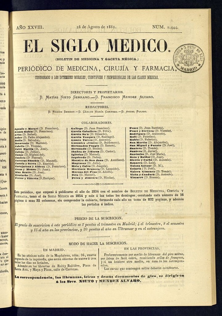 Miniatura de El Siglo Médico: boletín de medicina y gaceta médica  del 28 de agosto de 1881