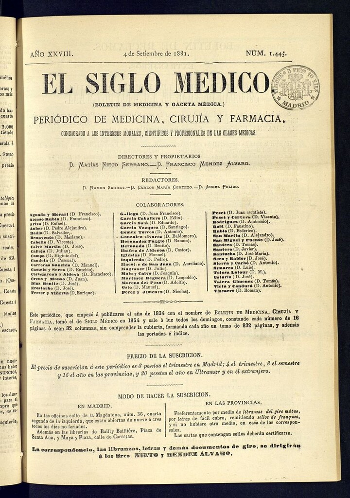 Miniatura de El Siglo Médico: boletín de medicina y gaceta médica  del 4 de septiembre de 1881
