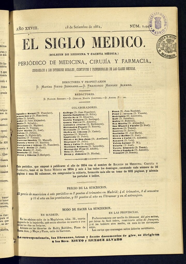 Miniatura de El Siglo Médico: boletín de medicina y gaceta médica  del 18 de septiembre de 1881