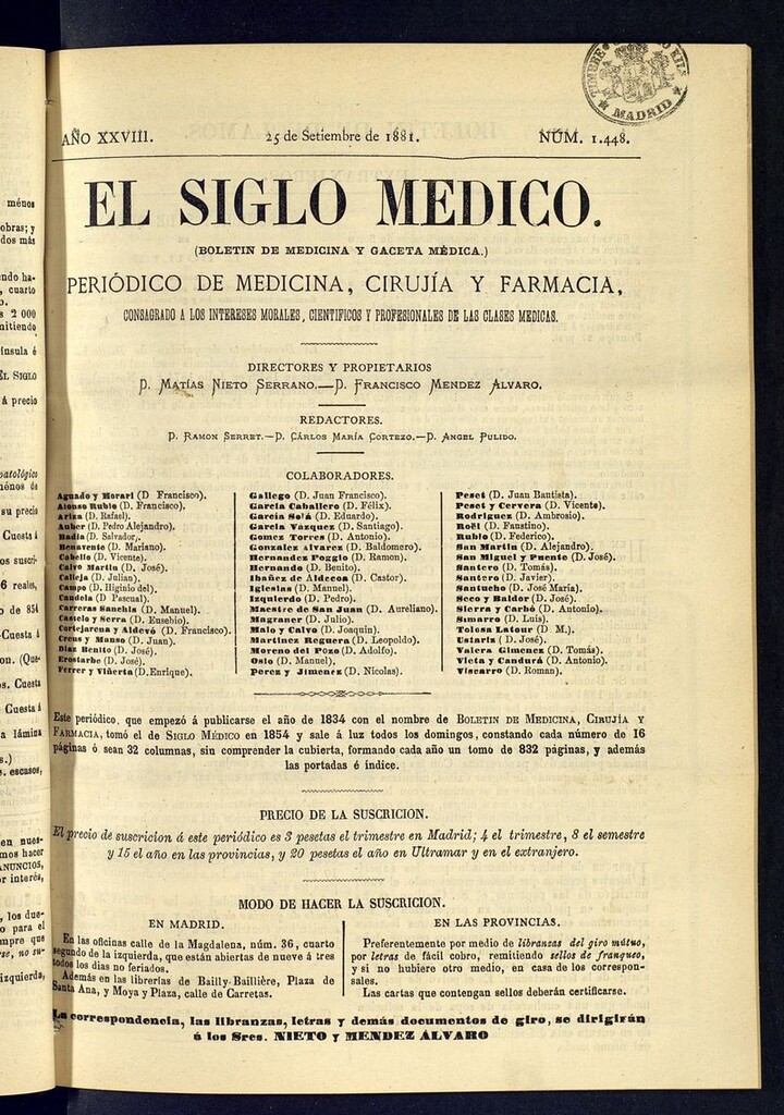 Miniatura de El Siglo Médico: boletín de medicina y gaceta médica  del 25 de septiembre de 1881