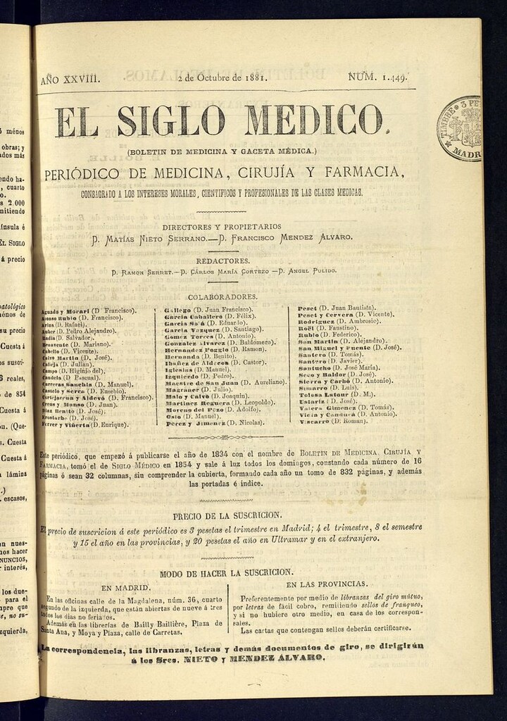 Miniatura de El Siglo Médico: boletín de medicina y gaceta médica  del 2 de octubre de 1881