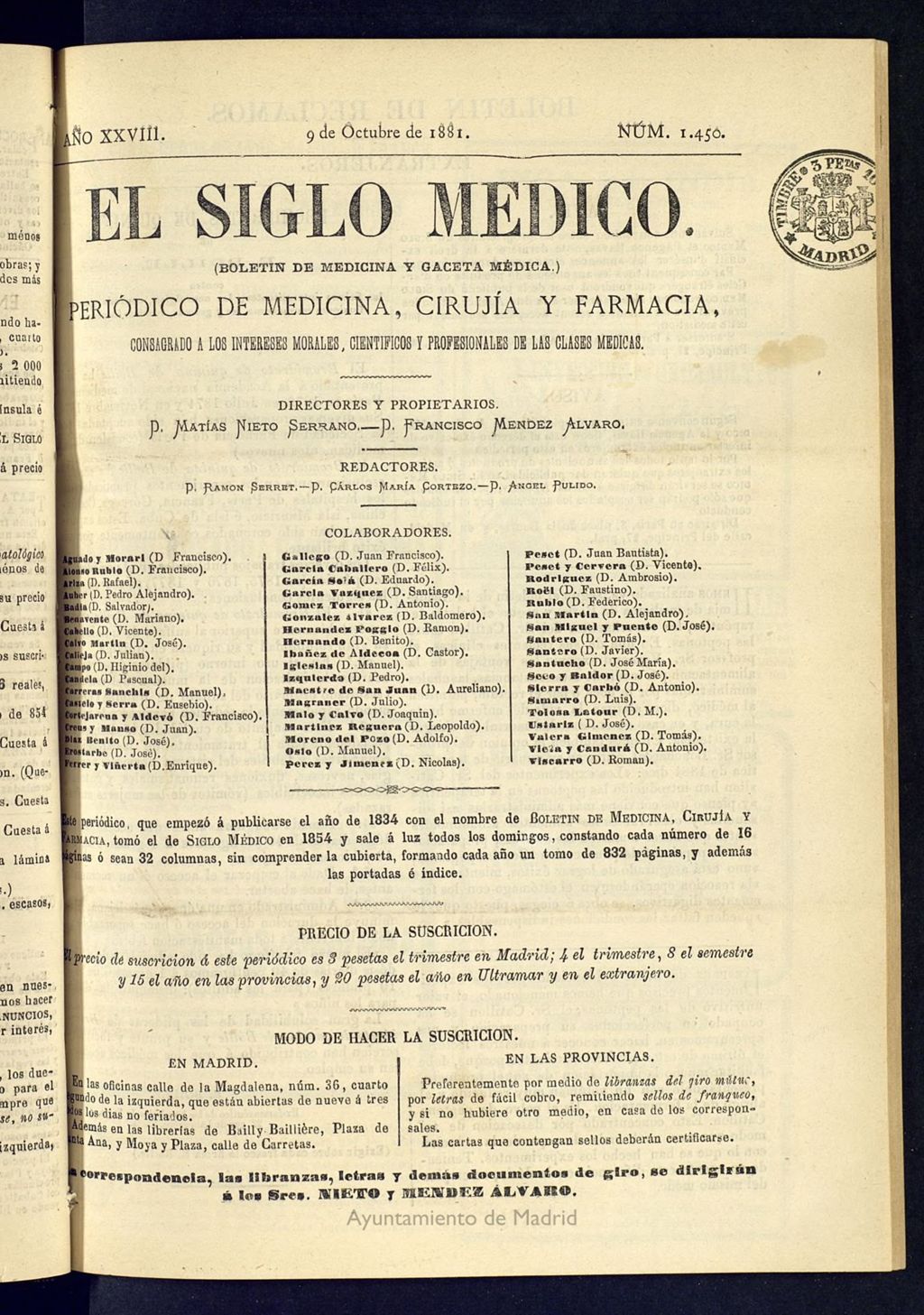 Miniatura de El Siglo Médico: boletín de medicina y gaceta médica  del 9 de octubre de 1881