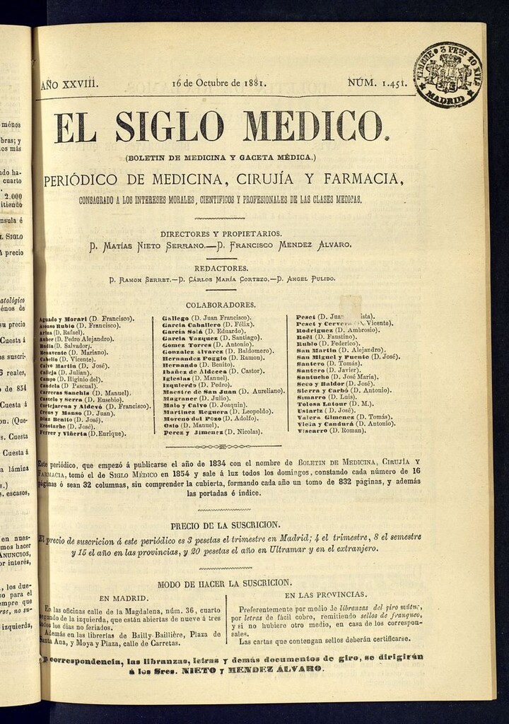 Miniatura de El Siglo Médico: boletín de medicina y gaceta médica  del 16 de octubre de 1881