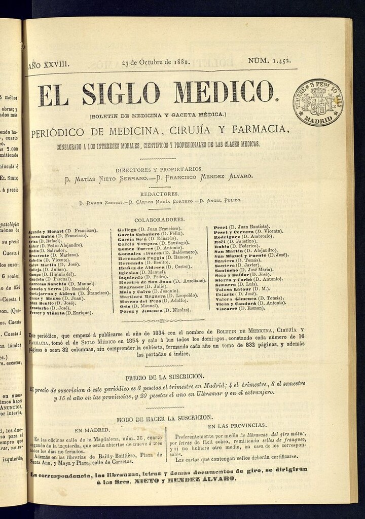 Miniatura de El Siglo Médico: boletín de medicina y gaceta médica  del 23 de octubre de 1881