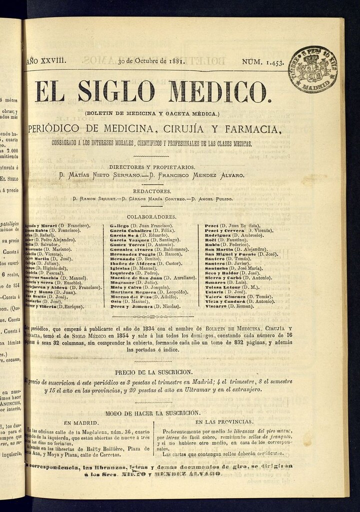 Miniatura de El Siglo Médico: boletín de medicina y gaceta médica  del 30 de octubre de 1881