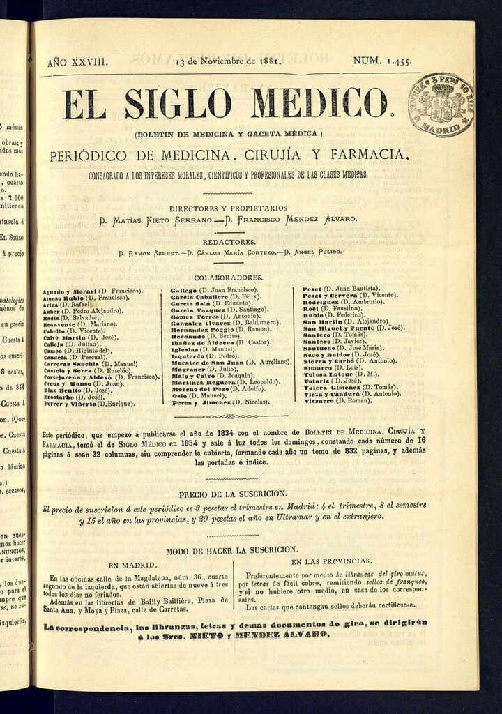 Miniatura de El Siglo Médico: boletín de medicina y gaceta médica  del 13 de noviembre de 1881